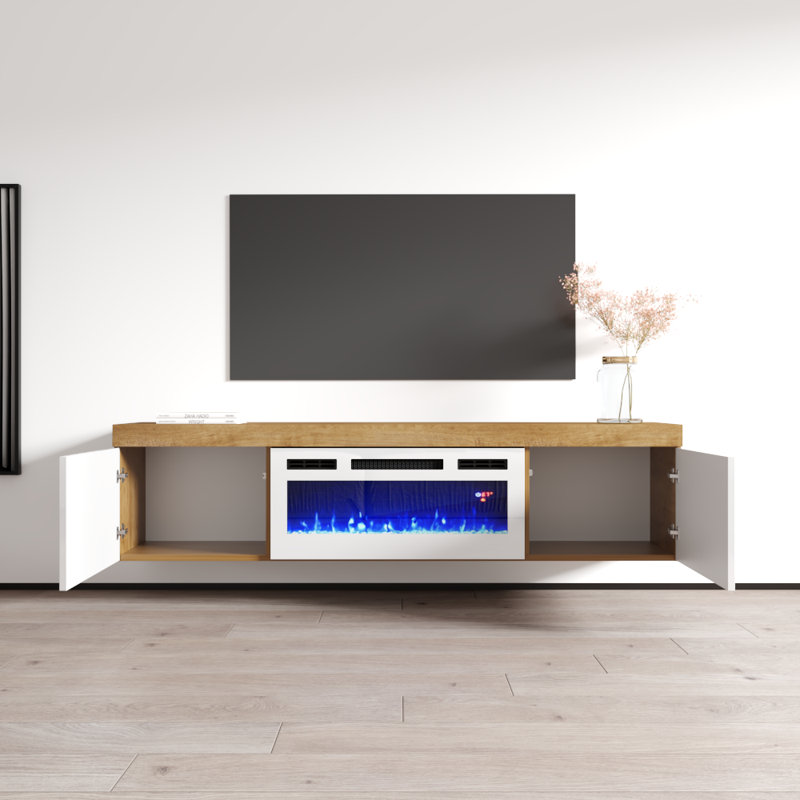 Floating 70.9" Modern TV Stand with Electric Fireplace, High Gloss Finish, Wall-Mounted, Oak/white