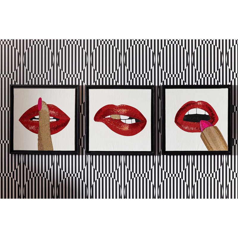 Hand-Beaded Red Lips and Finger Black Framed Wall Art