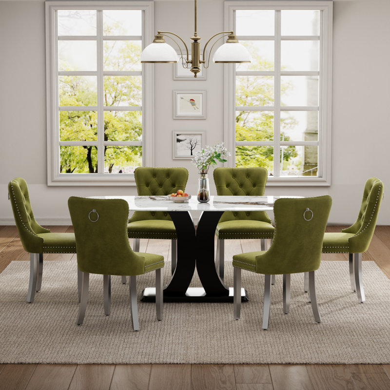 Ensemble de salle à manger Duvall Mid-Century, 7 Pieces: Table, 6 Chairs, Olive Green
