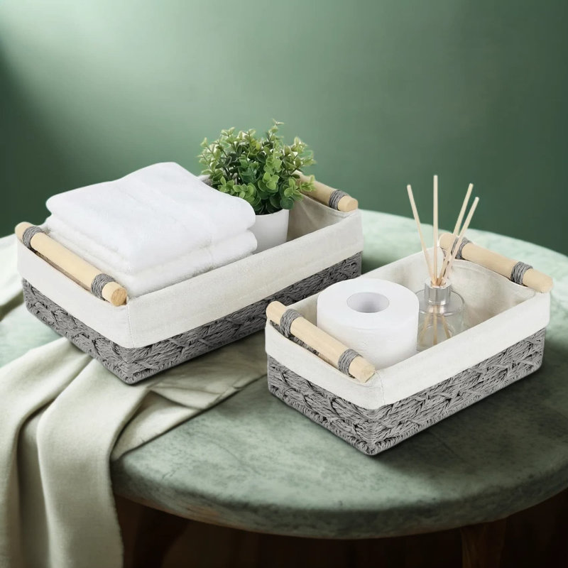 Handwoven Paper Rope Storage Baskets With Wooden Handles, Stackable Organizer Bins For Bathroom, Bedroom, Living Room, And Home Decor