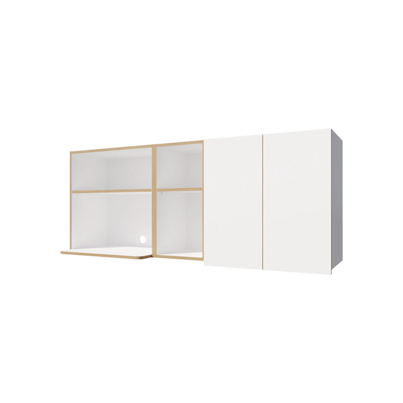Armoire de cuisine en chêne naturel et blanc avec espace pour micro-ondes et tablette ouverte