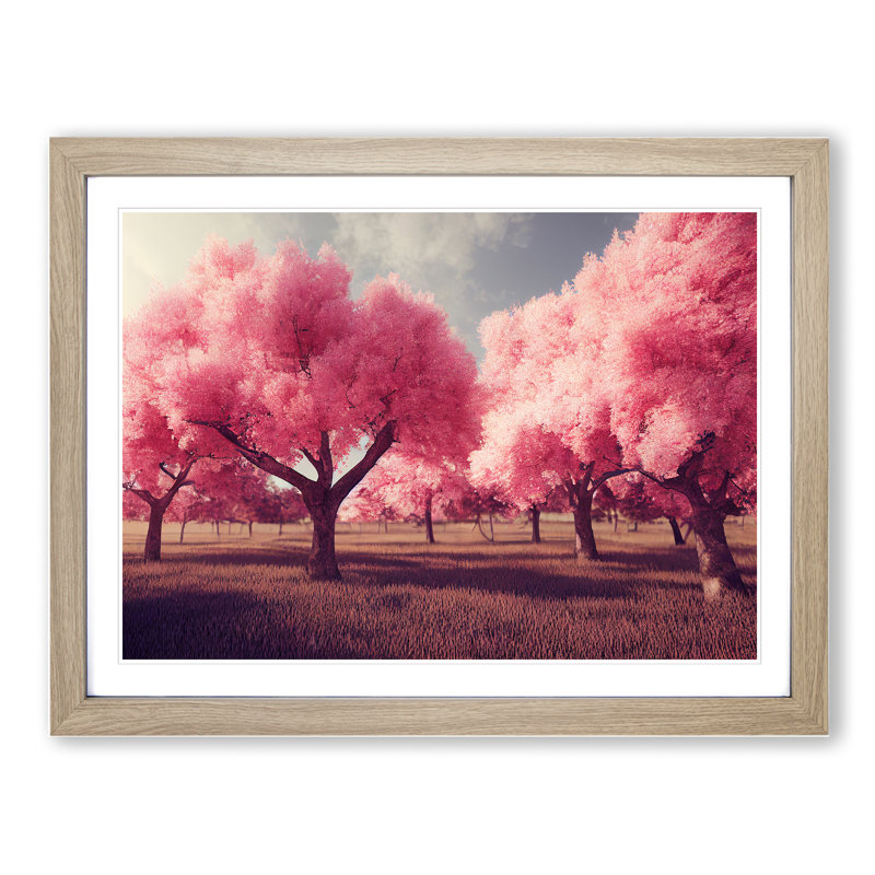 Enticing Cherry Blossom Trees - Single Picture Frame Painting, 46cm H x 64cm W x 2cm D, Oak 