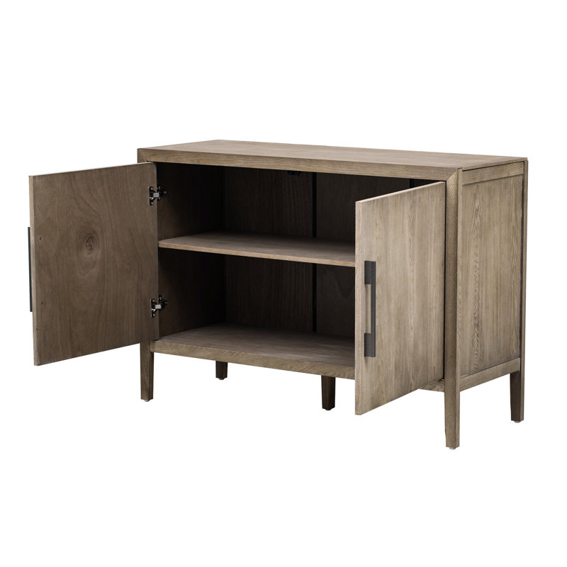 Buffet en U avec espace intérieur spacieux - 2 portes, poignées en métal, placage, extérieur en chêne pour les tablettes de rangement en bois
