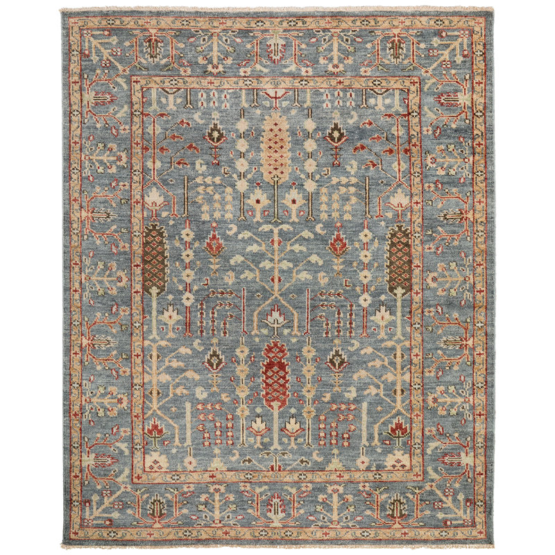 Tapis bleu / doré / rouge en laine noué à la main Brandonville, Rectangle 8 pi 6 po x 11 pi 6 po