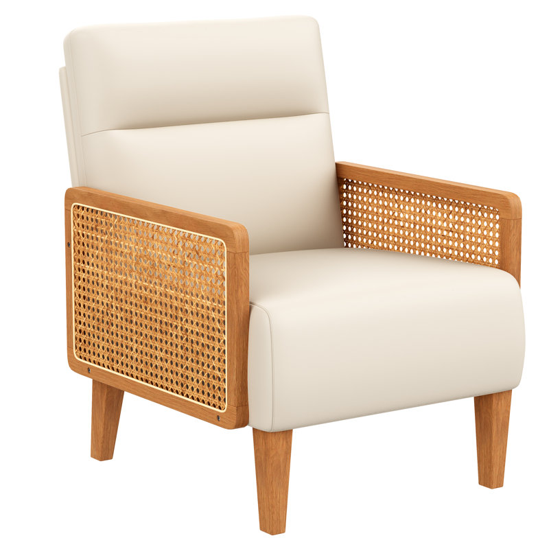 Upholstered Accent Chair With Rattan Arms And Solid Wood Legs, Beige
