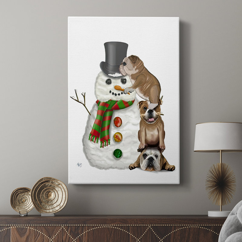 Bouledogue anglais de Noël - bonhomme de neige - galerie sur mesure, H 48 po x l 32 po