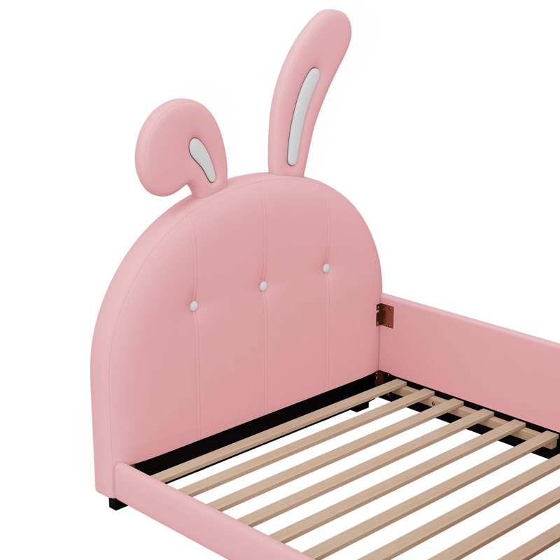 Lit simple tapissier princesse en forme de lapin, lit plateforme simple avec tête et pied de lit, Rose