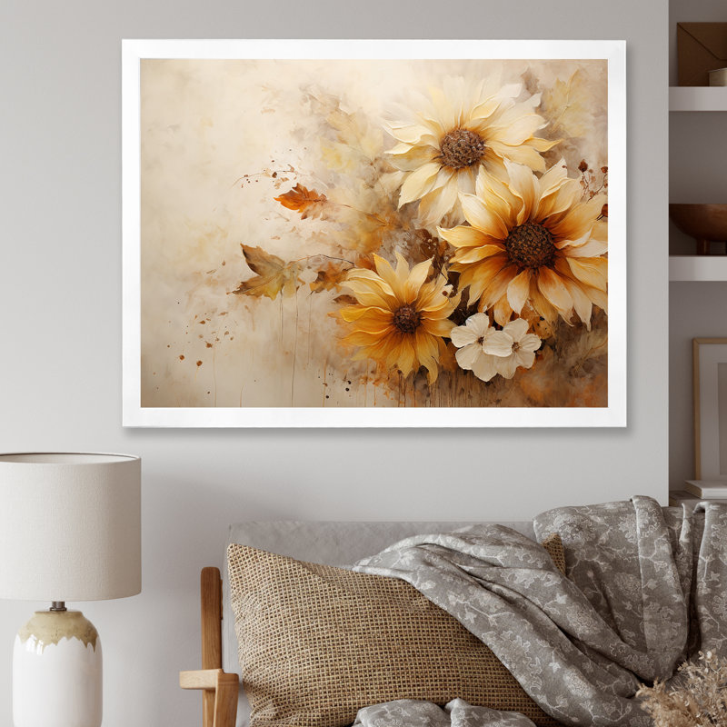 Minimalisme efflorescence de tournesols beiges sur toile, Cadre photo noir, H 16 po x l 32 po