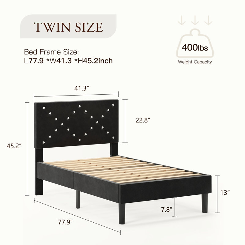 Lit plateforme tapissier, taille simple, noir, avec métal et bois, pieds en plastique robustes, capacité de 800 livres, barres de suspension silencieuses, lattes en bois massif, aucun sommier nécessaire, facile à
