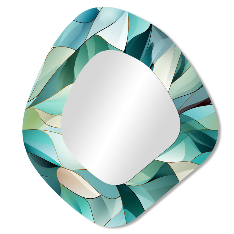 Motif côtier mosaïque vert clair de Crète de mer - miroir mural décoratif asymétrique abstrait, miroir de forme unique moderne, impression d'art en métal