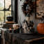 Maison hantée lumineuse en carton, à poser sur une table, fonctionnant à piles, fini noir et beige, idéale pour Halloween.
