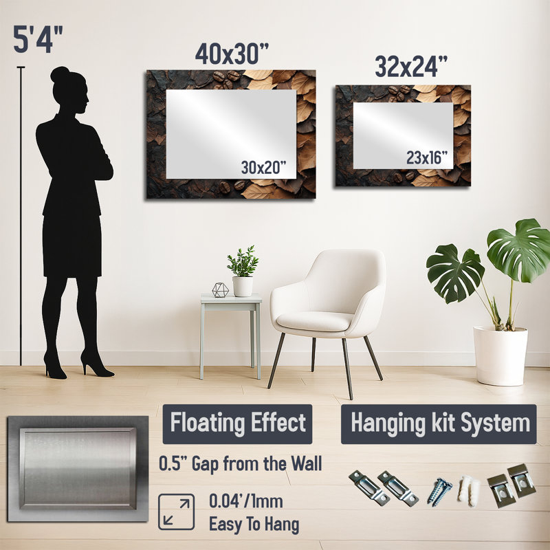 Espresso, feuilles et veines de la nature I - Miroir mural décoratif floral - imprimé sur métal, 24 po x 32 po