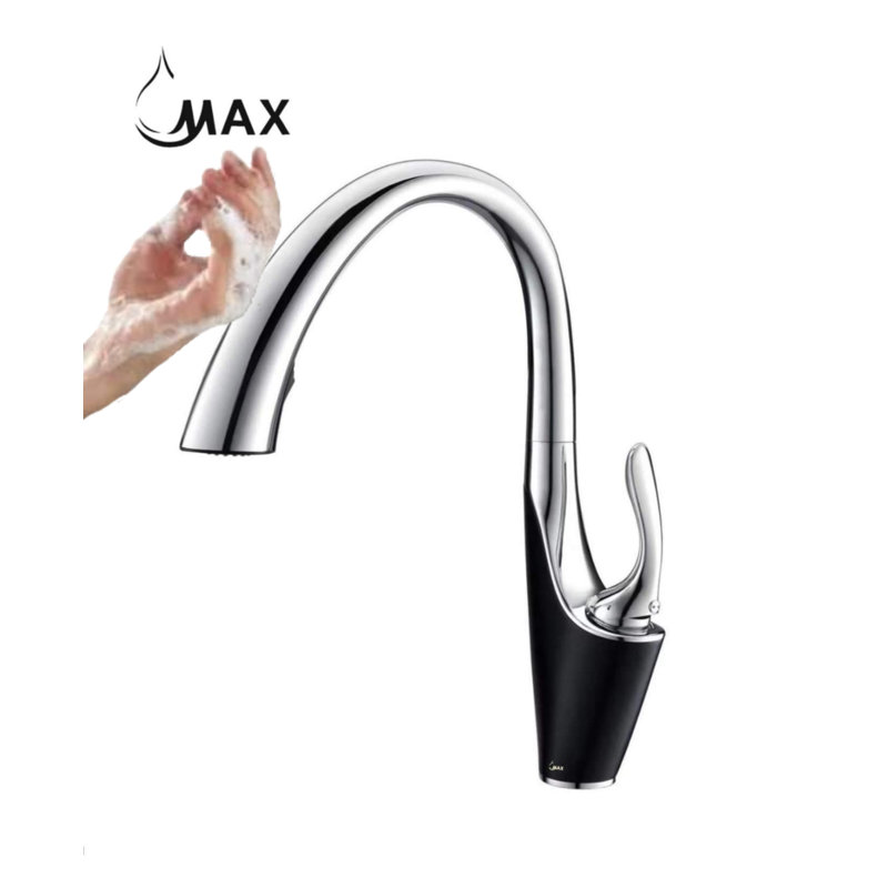 Robinet de cuisine rétractable à poignée simple avec accessoires, Noir / argent