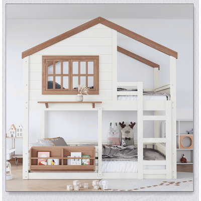 Lit superposé de style chalet avec bibliothèque et clôture de sécurité, idéal pour les jeux créatifs et l'efficacité de l'espace