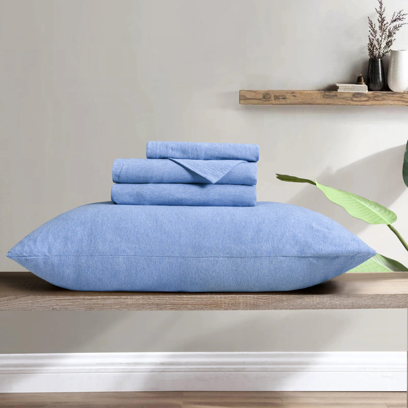 100% Cotton Jersey Knit Sheet Set, Full/Double Sheet Set+ Fitted Sheet+2 Pillowcase, Denim