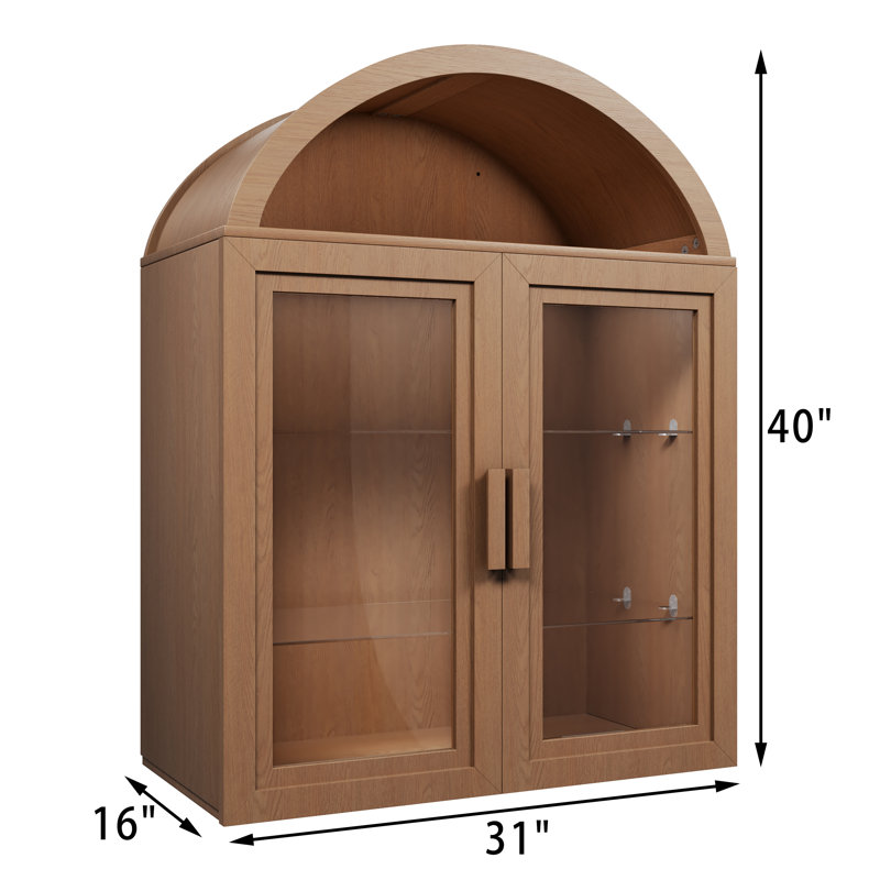 Armoire de rangement arquée en bois de 31 po de largeur avec portes en verre et tablettes réglables Aura, Noyer