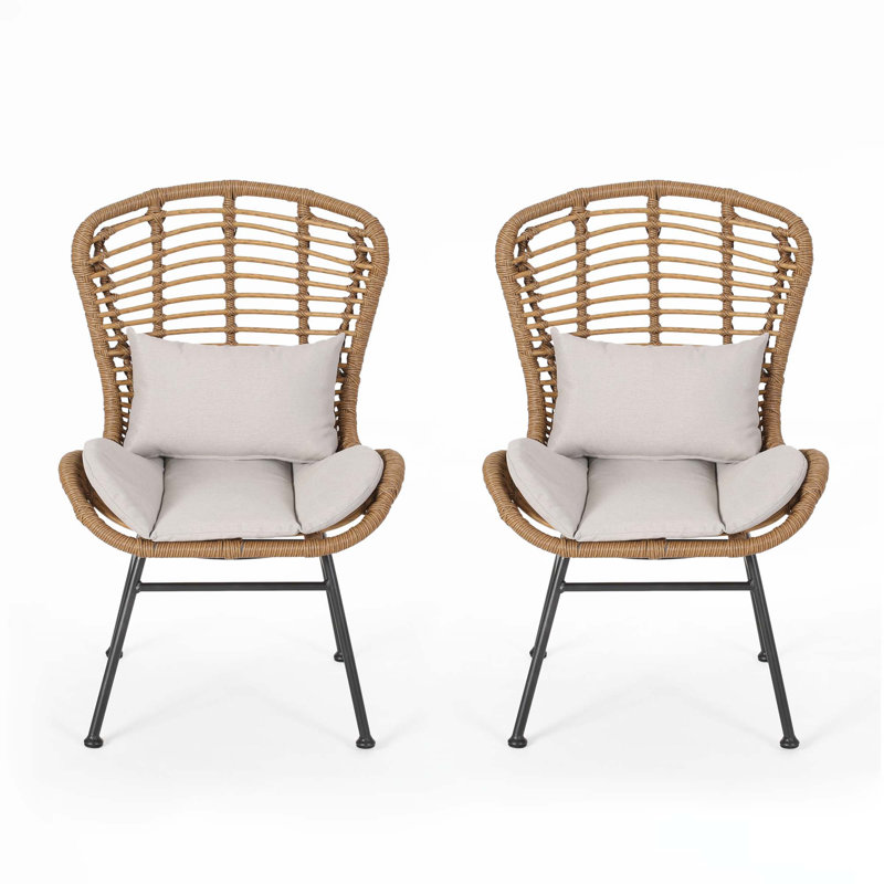 Light Brown Faux Rattan Armless Patio Chairs with Beige Cushions