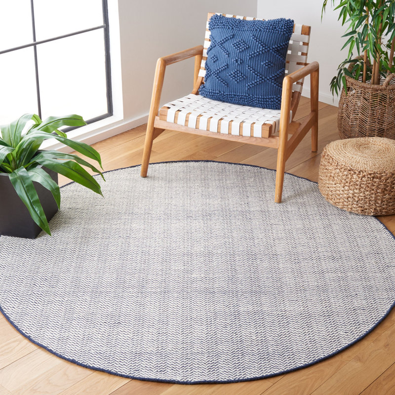Vermont Hand Woven Cotton/Wool Abstract Rug in Navy/Ivory, Round 6'