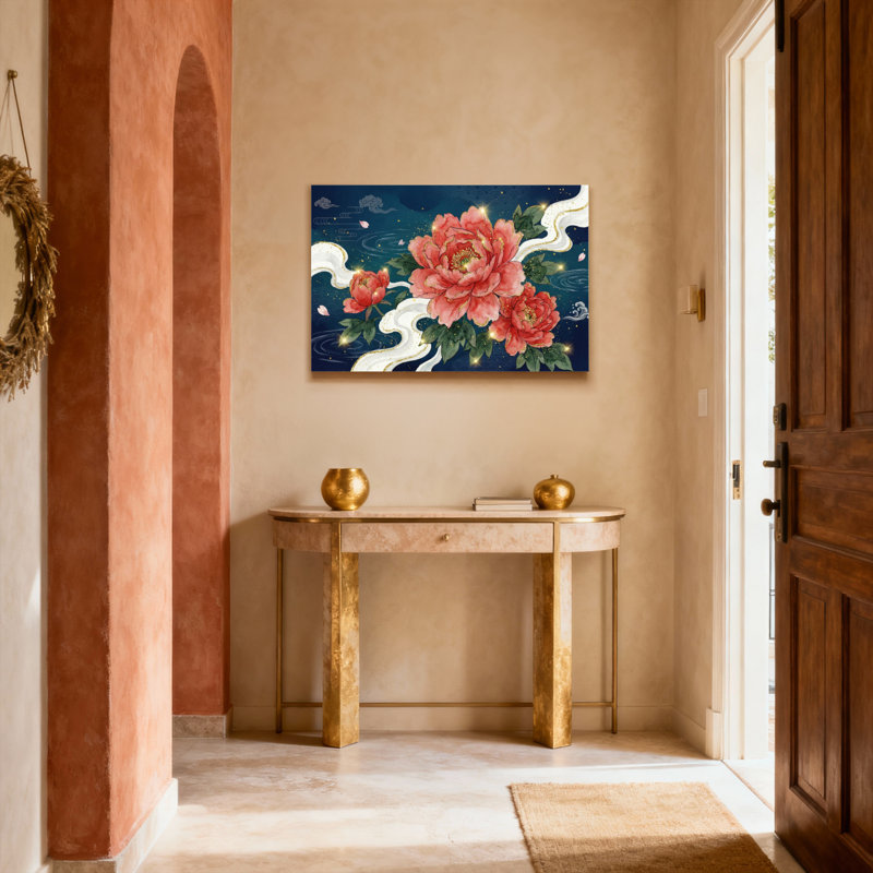 Tableau sur toile tendue de style oriental, motif pivoines et nuages, idéal pour la décoration du salon et de la chambre.