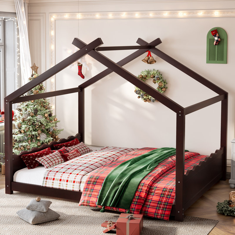 Judd Montessori Design House Floor Bed with Solid Wood and Easy Assembly, Espresso, Queen