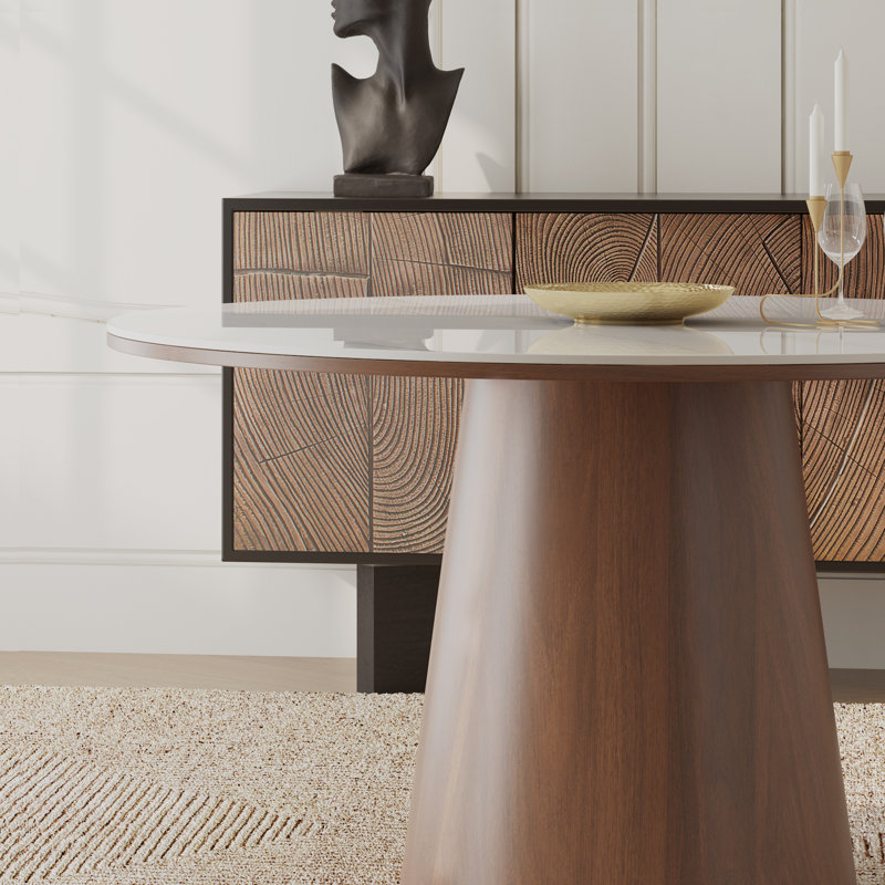 Maxwell 53" Round Dining Table for 6, Sintered Stone Tabletop with Solid Walnut Base, Walnut