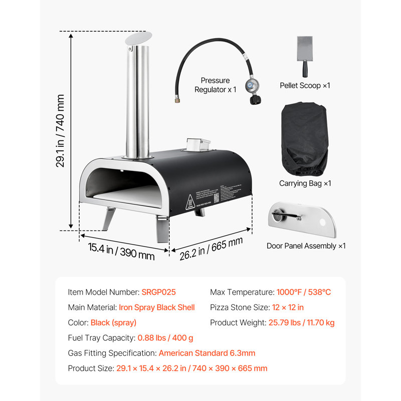 Dual Fuel Pizza Oven Outdoor, 12 in Wood Fire & Propane Gas Pizza Oven, Portable Pellet & Propane Pizza-Maker with Thermometer, Iron Spray Black Shell Pizza-Cook for Outside Camping & Backyard