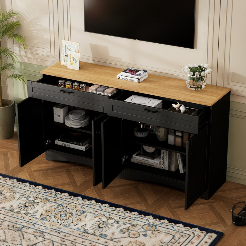 Farmhouse Tv Stand With 2 Drawers And 4 Doors For 70" Tv, Versatile Woodgrain Sideboard With Adjustable Shelves, Black