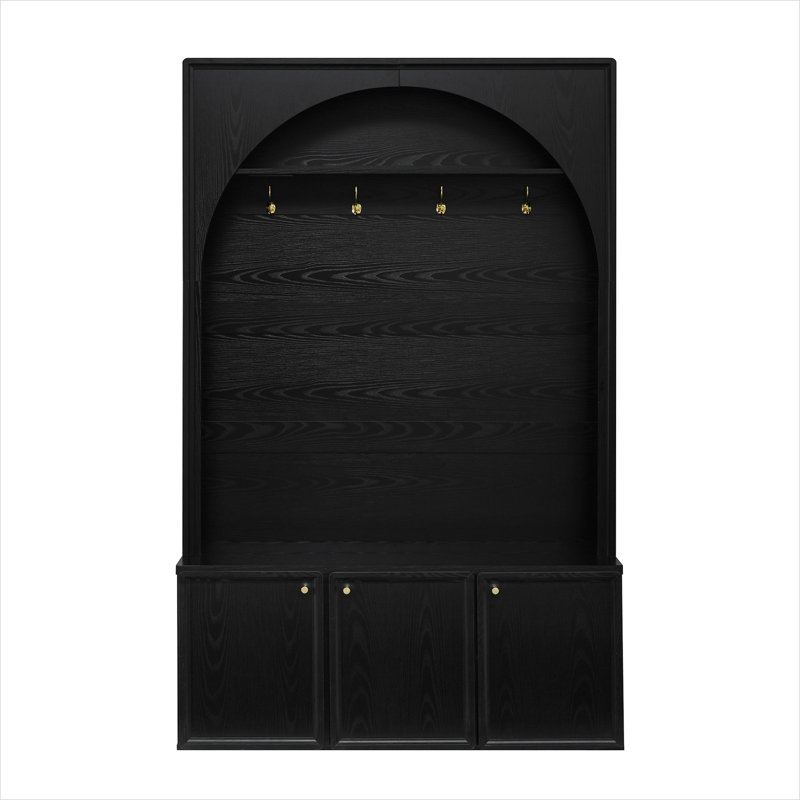 77.5-Inch Tall All-in-One Entryway Hall Tree with Bench, Arched Farmhouse Design, Jet Black MDF