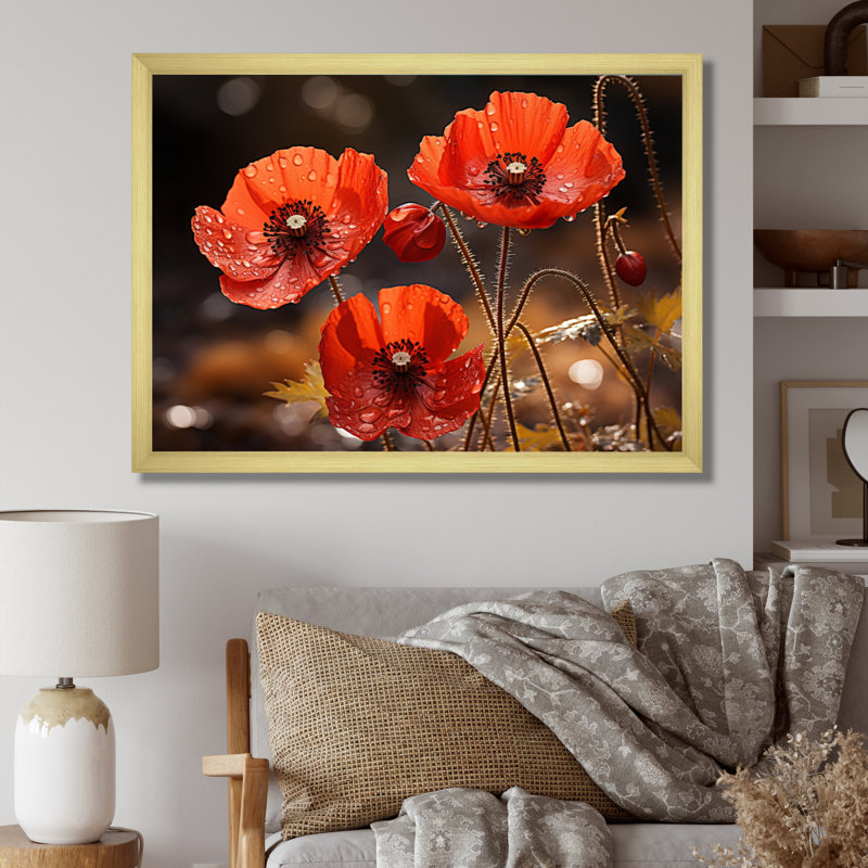 Champ de coquelicots rouges II - impression, H 34 po x l 44 po x P 1,5 po, Encadrement doré