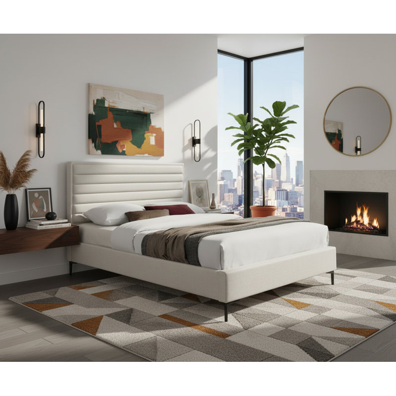 Lit plateforme Hunte, Tissu texturé en lin crème, Grand