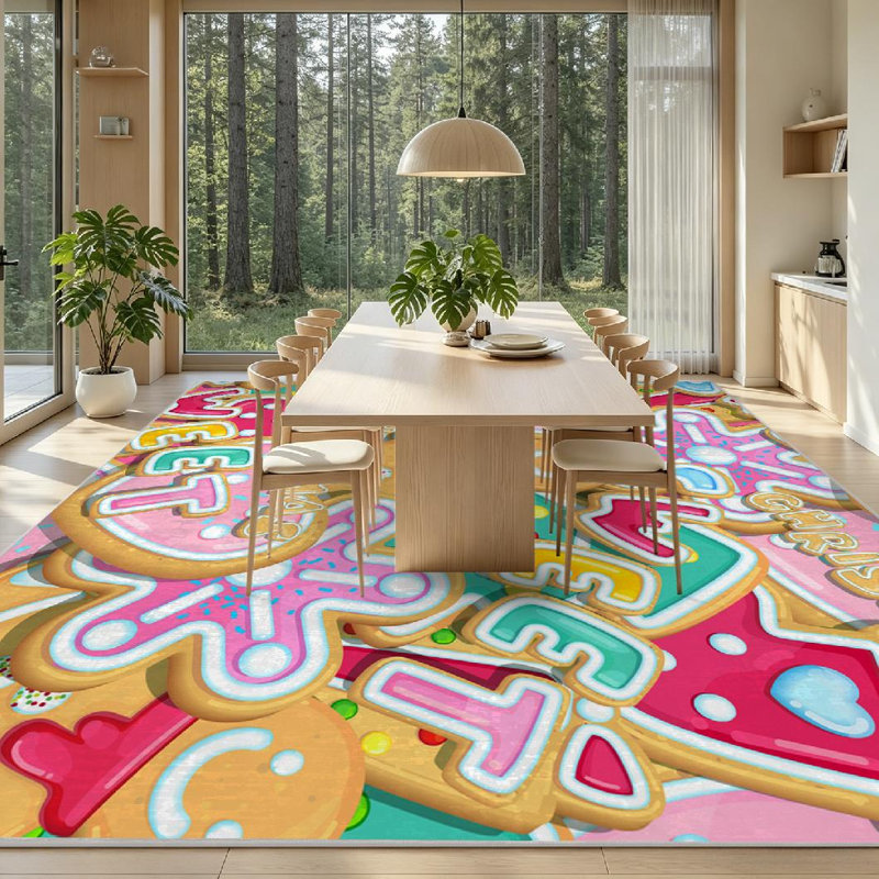 Tapis intérieur rose lavable à la machine, motif de biscuits de Noël., Rectangle 71 po x 98 po