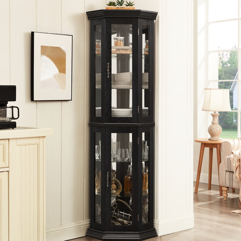 Armoire peu encombrante avec 6 tablettes réglables, assemblage et fonctionnalité, tablettes d'angle en verre noir, assemblage facile,
