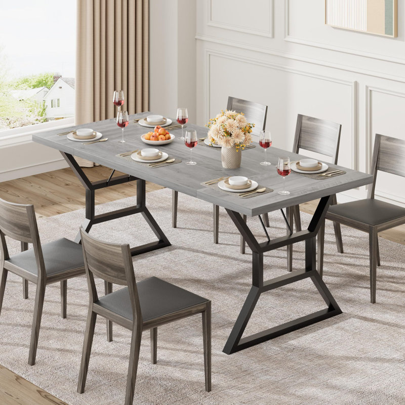 Dining Room Table For 6, 70 Inch Rectangular Kitchen Table With Heavy Duty Metal Legs, Gray