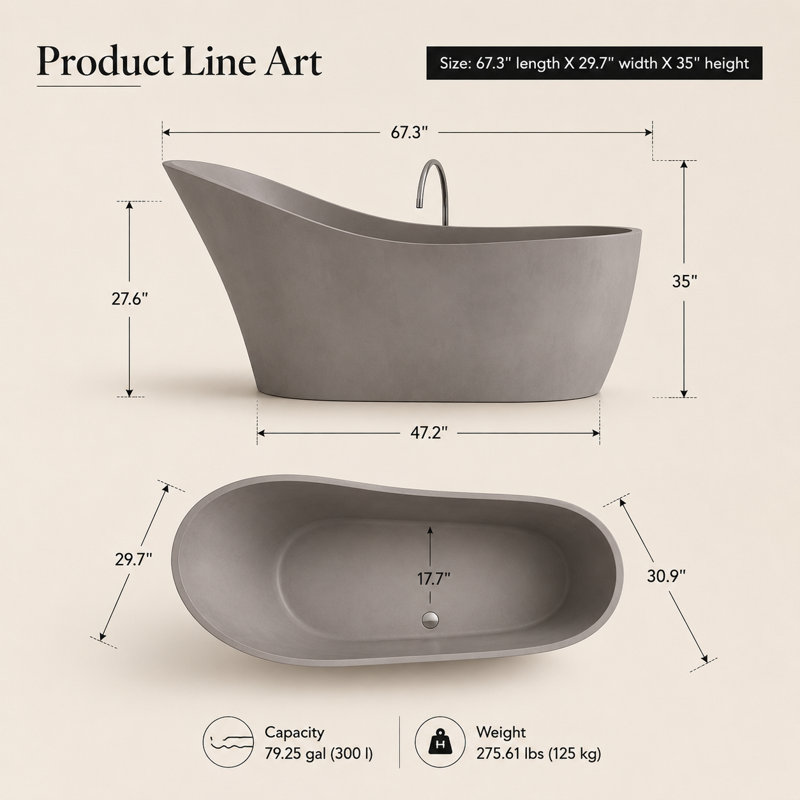 67.3'' L Soaking Bathtub, Gray