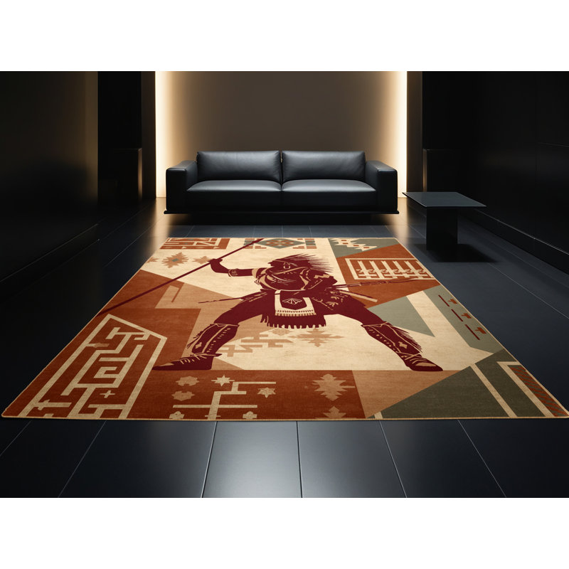 Tapis brun à motif de blocs d'inspiration mondiale lavable à la machine Brooker Plains Warrior Spear - reliure brun clair