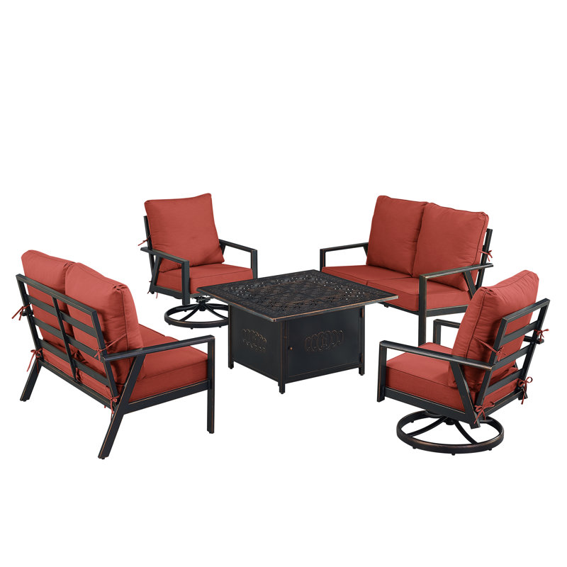 Ensemble de table de foyer en aluminium noir avec deux causeuses et deux fauteuils club CHo Club, Rouge