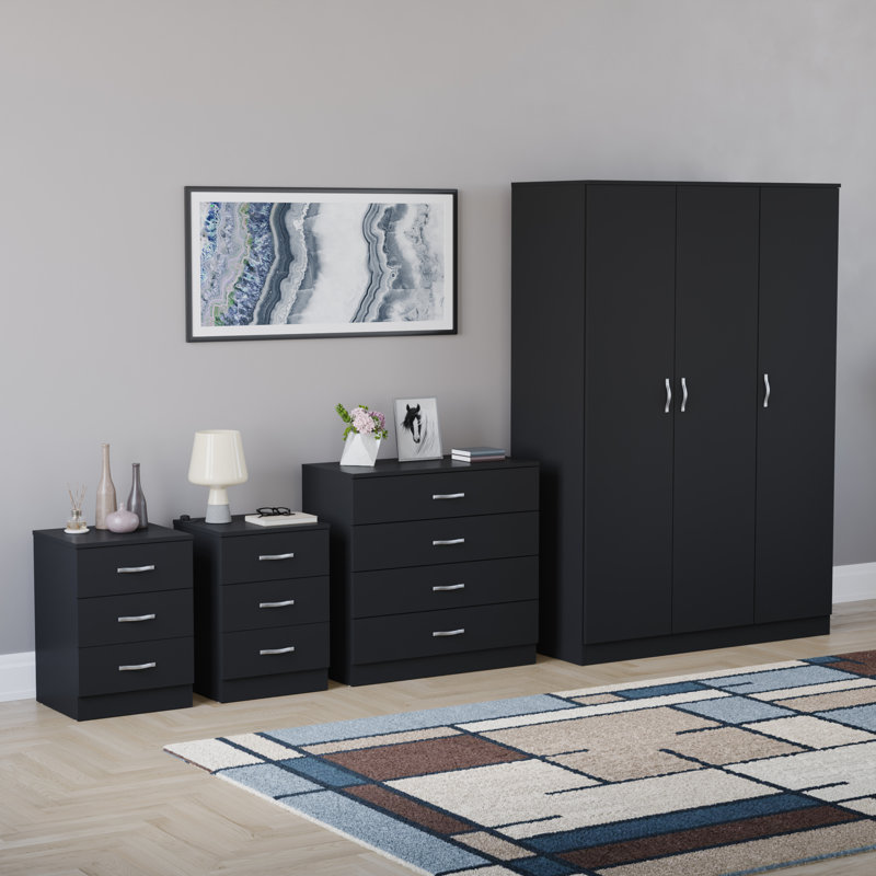 Tayce 4 Piece Bedroom Set (3 Drawer Bedside Chest X2, 4 Drawer Chest, 3 Door Wardrobe), Black