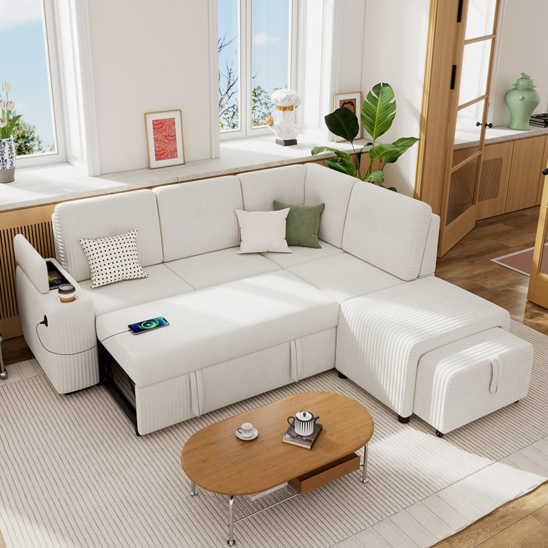 94" Sectional Sofa Pull-out Sofa Bed with Movable Ottoman and Stool, Creamy White