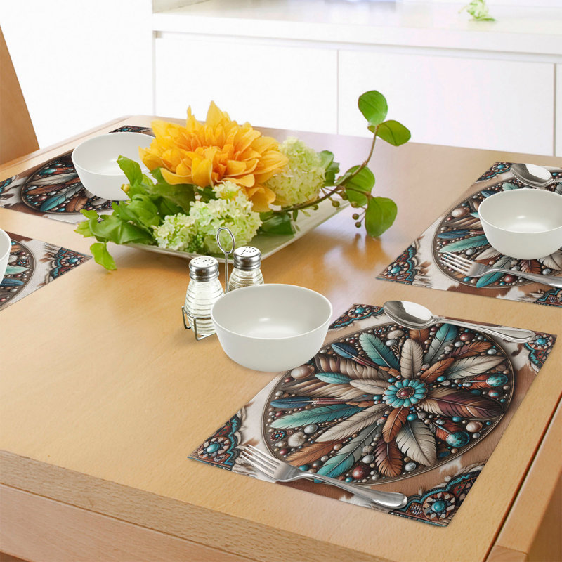 Southwestern Turquoise and Tan Polyester Rectangle Placemats Set of 4