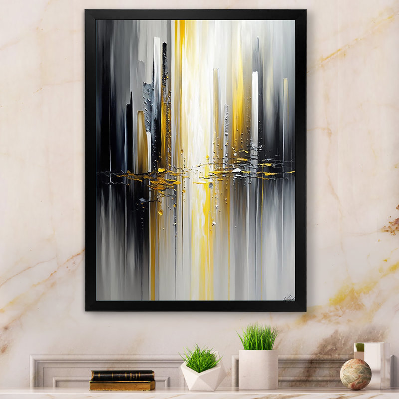 Abstrait géométrique noir et jaune II - Art mural encadré abstrait géométrique, H 32 po x l 24 po x P 1 po