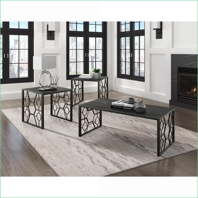 Ensemble de tables basses modernes 3 pièces pour le salon: plateau en verre trempé à imprimé marbre facile à nettoyer et amp; Base robuste en métal noir