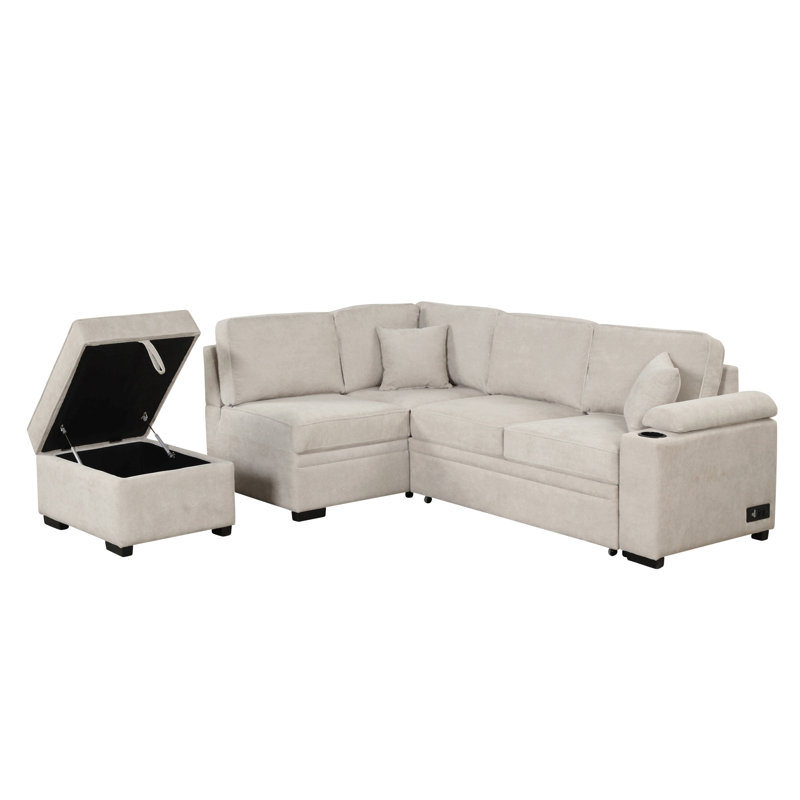 Canapé-lit 84,75 po avec repose-pieds de rangement pour le salon, Lin beige, Orienté à gauche (vu de face)