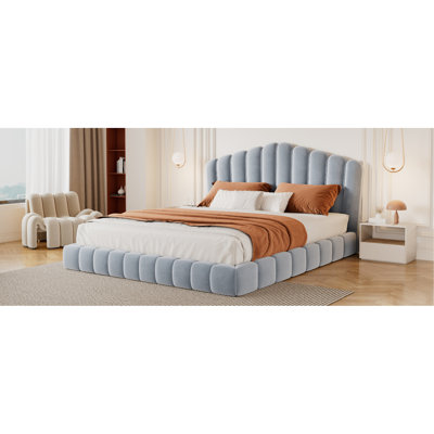 Velvet Upholstered Queen Bed Floor Bed Frame Shell-Shaped Headboard For Bedroom,No Box Spring Needed,Light Blue
