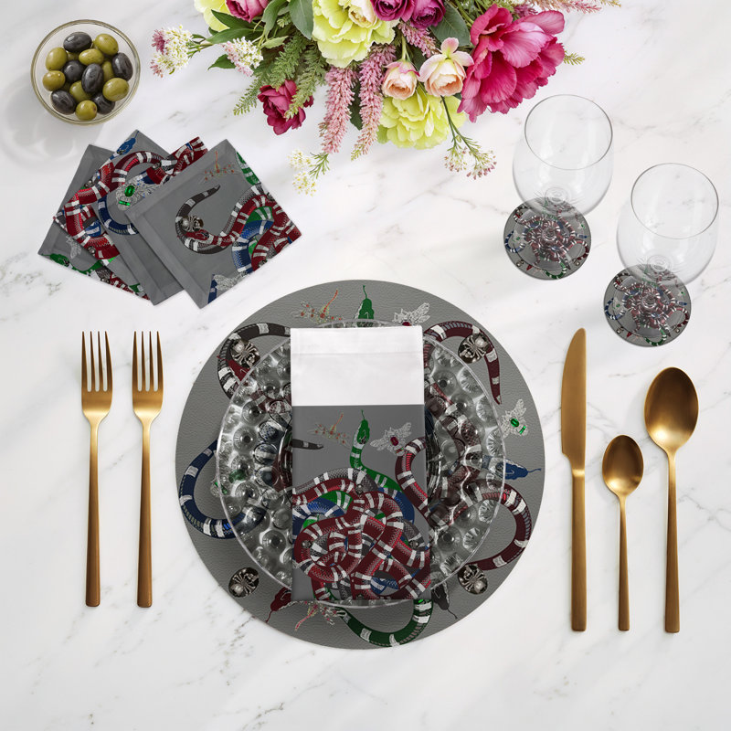 Ouroboros Vegan Leather Round Beaded Placemat, Gray