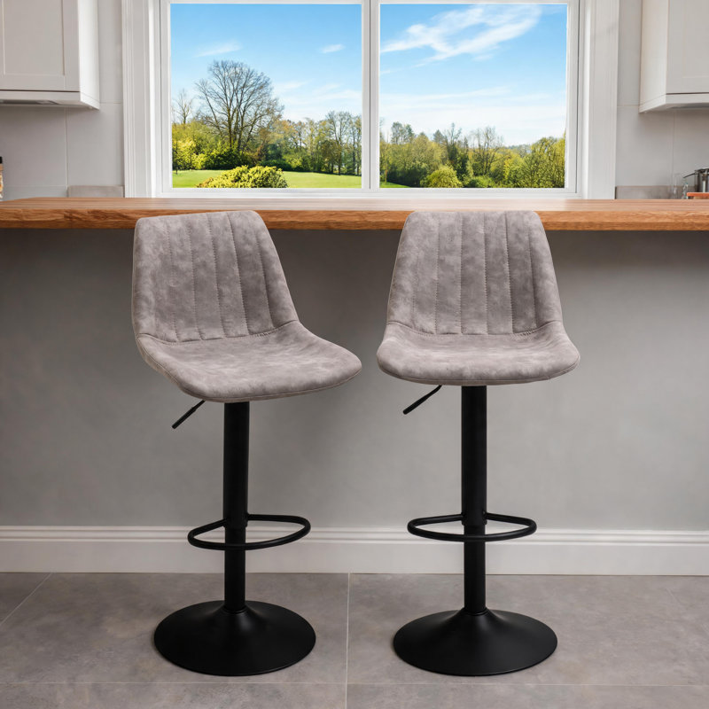 Two-Pack Of Gray Upholstered Height-Adjustable Bar Stools, Featuring A Swivel Design, Backrest, And Footrest; Suitable For Dining, Kitchen, Home, And Small Bar Use.