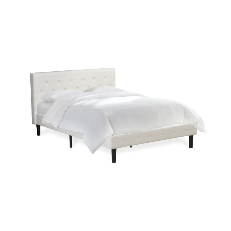 Nolan Platform Bed Frame - Button Tufted Linen white Velvet Fabric Padded Headboard & Footboard, Black Legs, Full Size, Full