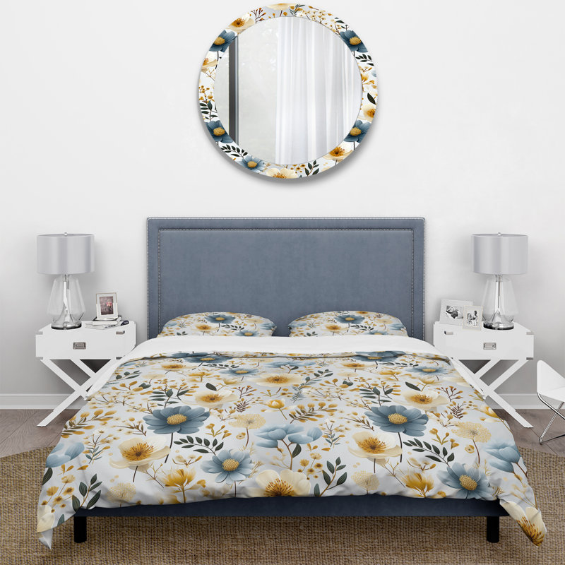 Ensemble de housse de couette à motif floral scandinave bleu et blanc, Housse de couette pour grand lit et 2 taies décor