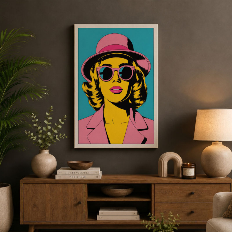 Glamorous in Pink Pop Art 1 Piece Wrapped Canvas Wall Art, 24x16 - 61.0 x 40.6 cm, Taupe Border
