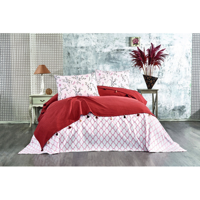 Ensemble de courtepointe 100% coton 4 pièces Murfee, Cannelle / Blanc