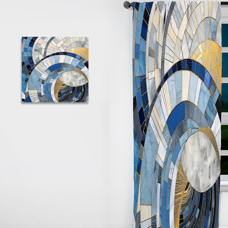 Gold Constructing Blue Realms I - Rideau à formes abstraites - Velours obscurcissant - 1 panneau, L 52 po x L 108 po